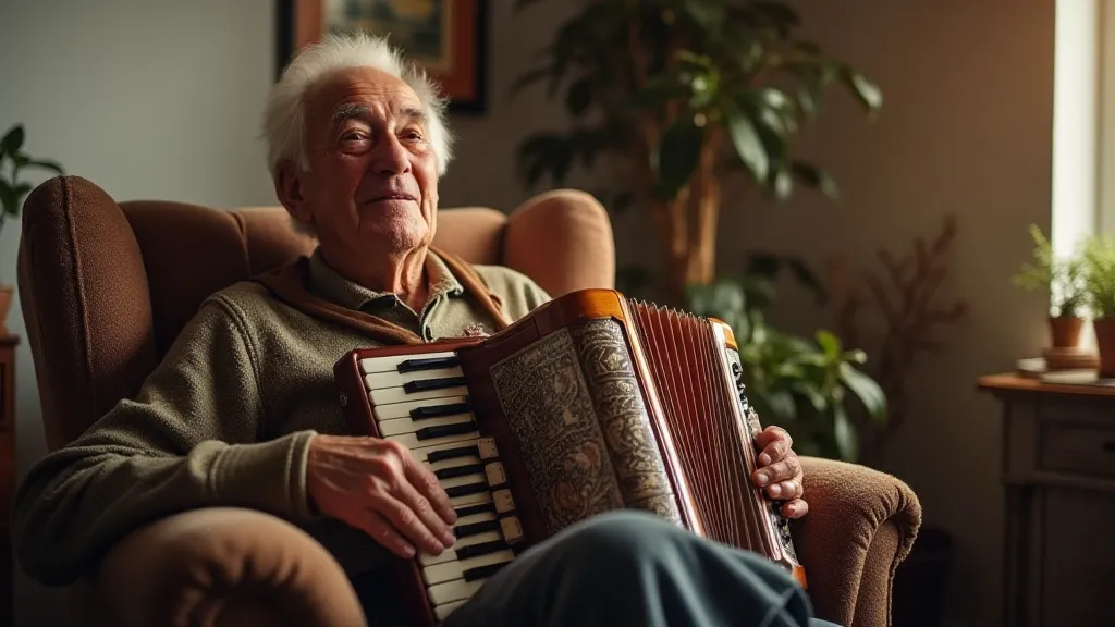 Man holding an accordion with a gentle smile