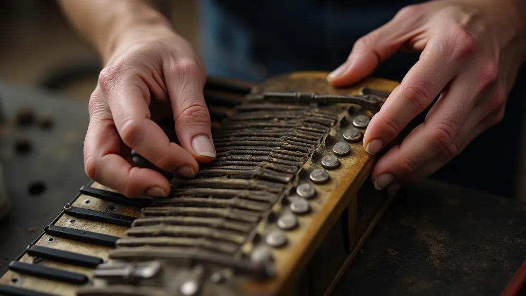 Close-up of hands tuning accordion reeds.