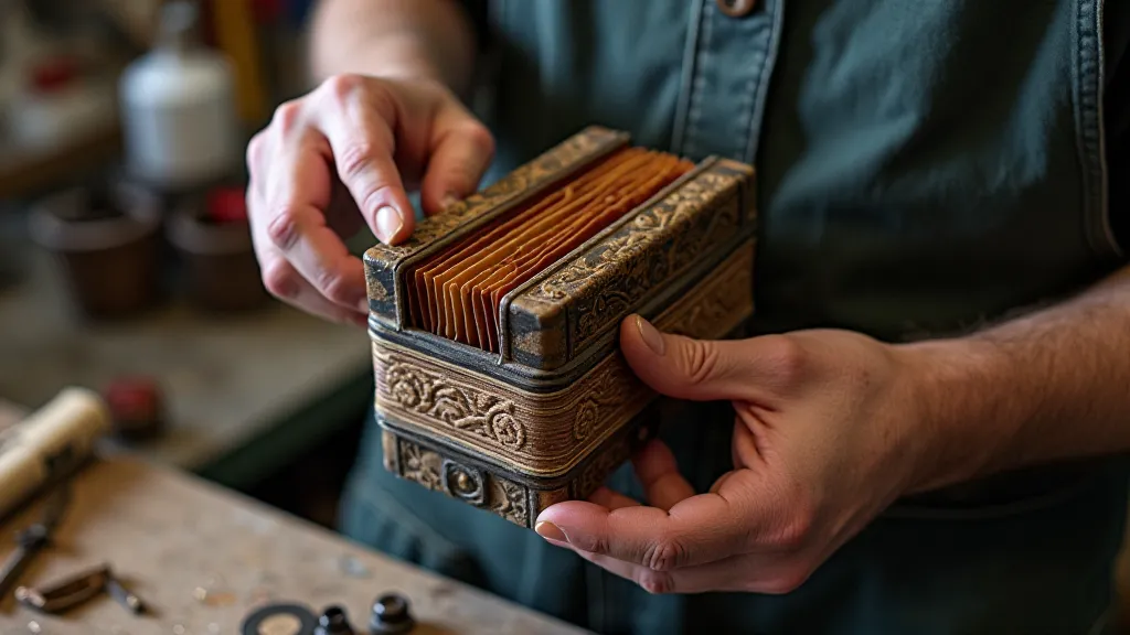 Accordion repairman working on an antique accordion