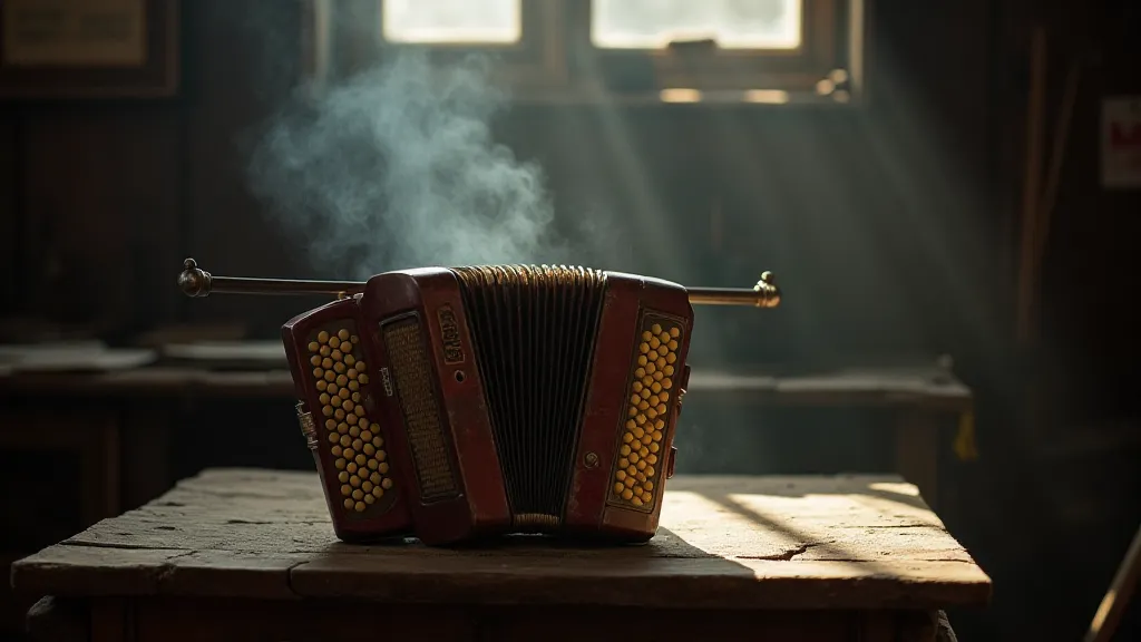 Antique accordion in a workshop