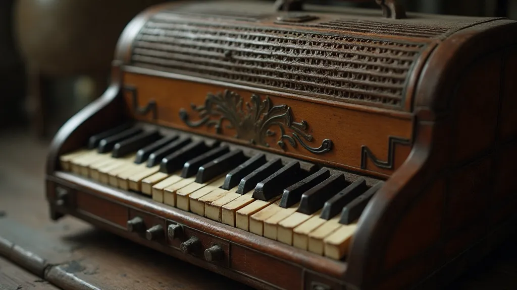 Close-up of an antique accordion's woodwork