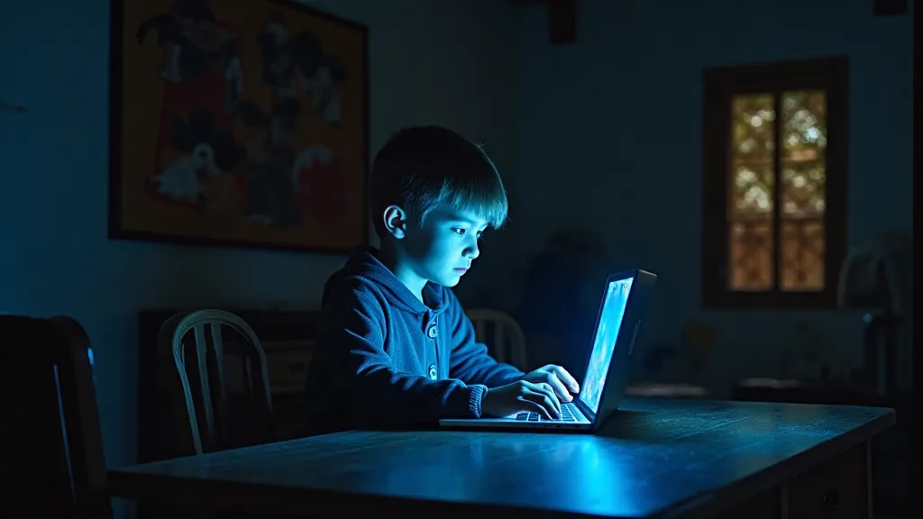 Boy using a laptop in a rural setting