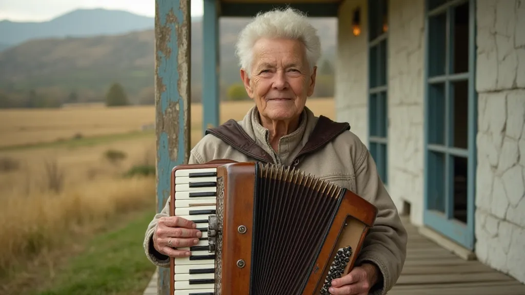 Elderly woman with accordion on a porch