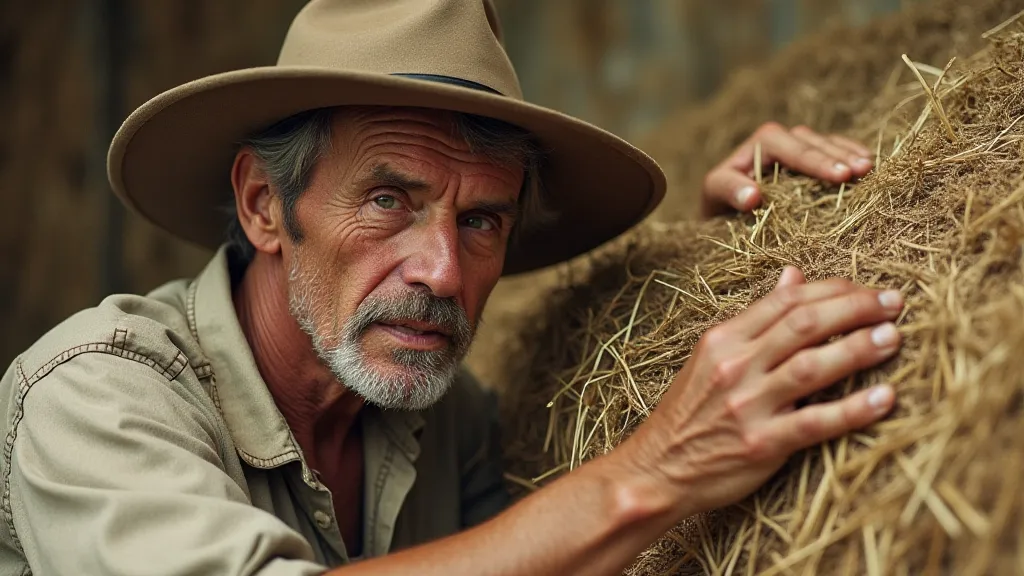 Vintage photo of a farmer inspecting a bale of hay.