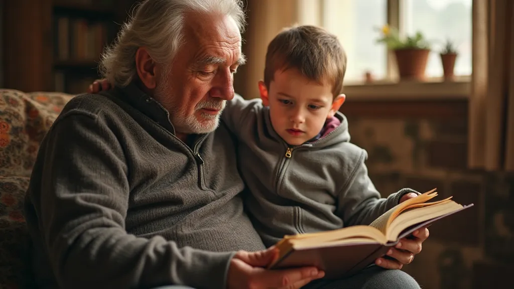 Young boy listening to grandfather's story